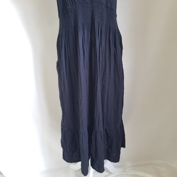 Old Navy Babydoll Long Dress L Solid Black Midi Plunge Neckline Pockets Pullover - Picture 3 of 6